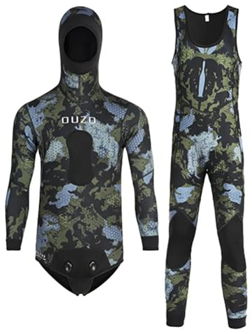 3 mm neopren-spearfishing dräkt, 2 delar, kamouflage, med huva för kallt vatten, fridykning, simning, surfing, XXL