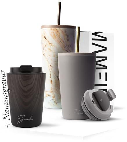 MAMEIDO Thermobecher personalisiert 350ml - Kaffeebecher to go mit Namen aus Edelstahl doppelwandig isoliert, auslaufsicher - Namensgravur als personalisiertes Geschenk (Ebony, 0,35l)