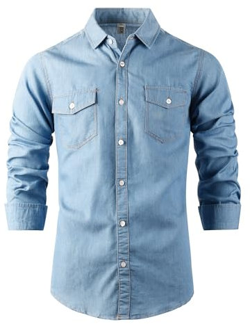 Tianerhay Mens Long Sleeve Denim Shirts Button Down Casual Western Flap Pocket Top 1 Light Blue M