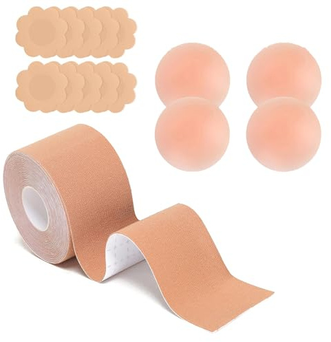 Elepl Brust Tape 5 Meter + 5 Paar Nippelpads + 2 Paar Klebe BH Brust Tape Body Tape für Grosse Brüste Boobietape für Abendkleider Rückenfrei Trägerlose Hochzeitskleid