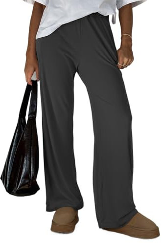 FOFAINWE Damen Weites Bein Ribber Pant Lose Gemütliche Casual Sweatpants Pyjama Lounge Flowy Hosen Mit Taschen(Dunkelgrau,M)