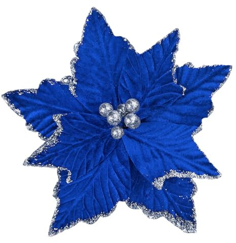 Donfulily Paquete de 4 flores de Navidad con purpurina, 22,7 cm de cabeza grande, adornos de árbol de Navidad, flores artificiales con tallos largos para árbol de Navidad, decoraciones de boda (azul)