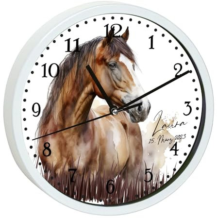 CreaDesign, Wanduhr Kinder personalisiert mit Name, Motiv Wanduhr mit roten Rahmen Pferd, Rahmen Wanduhr rot, Ø 19,5 cm