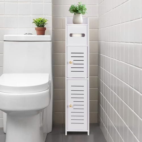 powerking Toilet Paper Holder Stand, Toilet Storage Cabinet for Bathroom, Slim Corner Shelf for Small Space Storage, Small Bathroom Storage Cabinet with Doors - White