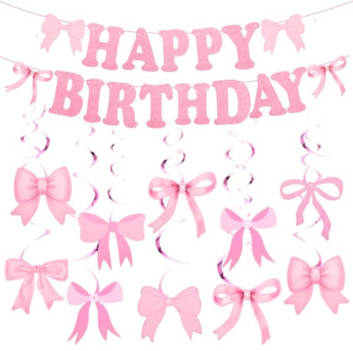 31 PCS Geburtstagsdeko Rosa Pink Happy Birthday Girlande Rosa Geburtstag Mädchen Geburtstagsdekoration Schleife Hängende Pink Glitzerndes Banner fürGeburtstagsparty Dekoration