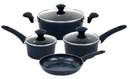 Herzberg, HG04685-BLU, Ensemble complet de batterie de cuisine avec revêtement antiadhésif, rétention de chaleur, poignées ergonomiques, facile à nettoyer, 7 Pièces, Bleu