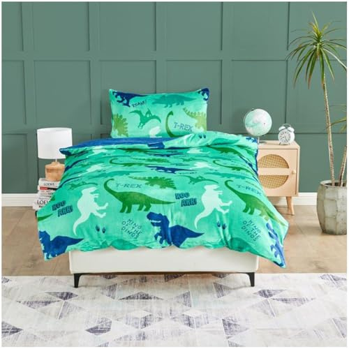 Dinosaur Single Duvet Cover Set - Kids Sherpa Fluffy Fleece Bedding Quilt Bedset - Thermal, Snuggle Bed Cover for Children Bed (135x200 cm) - Teddy Fleece Kids Duvet Cover - Washable