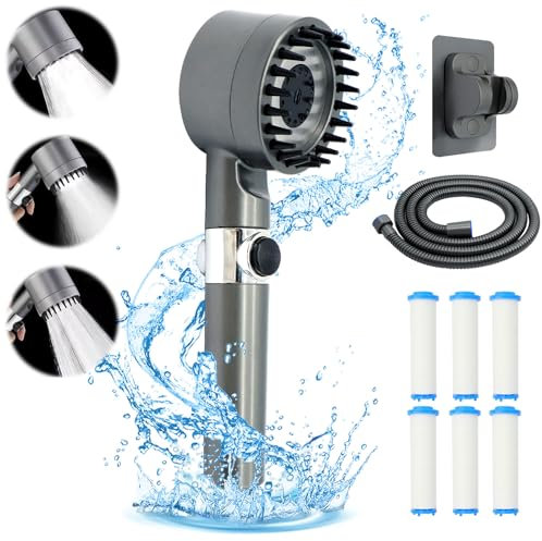KASURE Pommeau de douche haute pression, pommeau de douche anticalcaire avec 6 filtres, pommeau de douche à économie d'eau avec flexible de 1,5 m, 3 modes de pulvérisation, un support,Gris