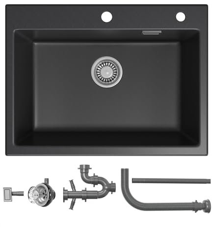 HOROW Fregadero de cocina de granito, empotrable grande, 1 lavabo, color negro, incluye sifón, con orificio para grifo