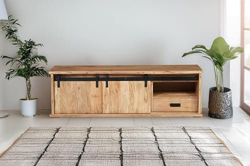 SAM TV-Board Lian III | Akazienholz | Farbe: Natur | 160x45x50 cm | 3 Fächer & 1 Schubfach | 2 Schiebetüren mit Baumkante | Lowboard/TV-Schrank mit gusseisernen Elementen