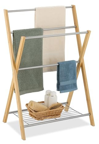 Relaxdays Handtuchhalter, 4 Stangen und Ablage, für Hand- & Badetücher, Handtuchständer, Bambus & Eisen, natur/silber