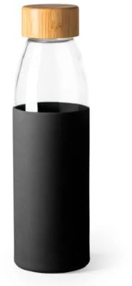 Botella de cristal negra con funda de silicona y tapa de bambú | Bidón Nagami 540 ml | Diseño anti goteo | Ecológica y reutilizable SIN BPA