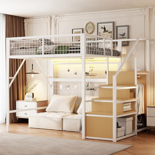 Kebnor Eisenbett, Etagenbett, Hochbett, Geeignet für Kinder Vielseitiges,Metall-Hochbett mit APP-gesteuerten LED-Lichtleisten Treppe mit Stauraum, offenem Kleiderschrank (Weiß, 140cm*200cm)