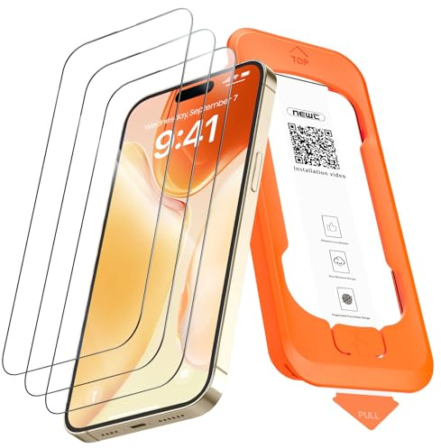 NEW'C Verre Trempé pour iPhone 14 Pro, Protection Écran, Outil Auto Inclus | Outil d'installation automatique inclus, Lot de 3, Transparent, Dureté 9H, Anti-rayures, Sans bulles, Tactile précis