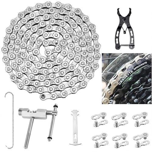 Fahrradkette 6/7/8 Fach Werkzeug Set: 1/2 x 3/32 Inch 116 Glieder Edelstahl Fahrradkettenschlossglied Set mit Kettenbrecher Fahrradgliedzange und 3 Paar Kettenschloss für Mountainbike