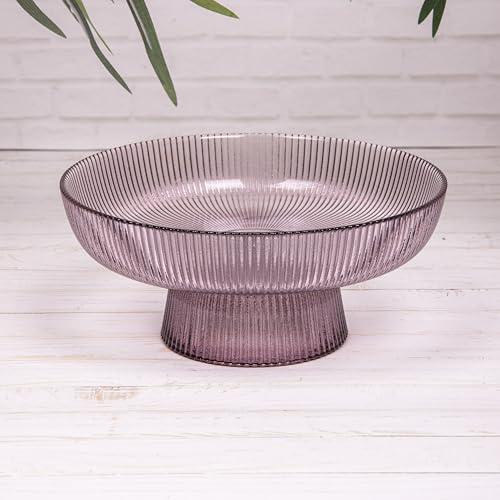 Annibells Vintage Purple Ribbed Glass Fruit Bowl Ceramic Decorative Pedestal Display Dish