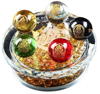 Five Road God Crystal Ball Ornament with Five Elements Beads, Gold, Wood, Water, Fire, Earth, Colorful Beads