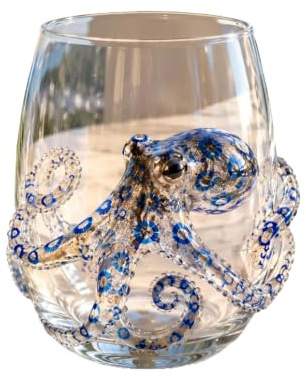 Kraken Glas mit 3D Blauring-Oktopus Design, Handgeblasenes Stammloses Trinkglas, Nautischer Becher für Rum Whiskey Cocktail Home Bar Deko & Geschenk,H
