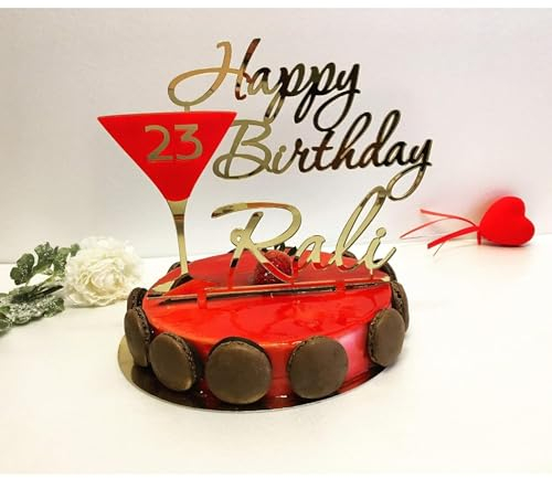 Happy Birthday Name & Age Cake Topper, Personalised Cupcake Topper, Custom Red Martini Glass, Champagne Decorations, Customized, Party Favors, Supplies Decor Gift for Her, Girl, Mother, 20th 30th 40th