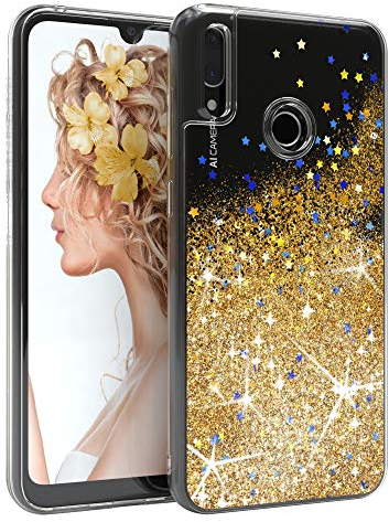 EAZY CASE Hülle kompatibel mit Huawei Y7 / Y7 Prime (2019) Schutzhülle mit Flüssig-Glitzer, Handyhülle, Schutzhülle, Back Cover mit Glitter Flüssigkeit, TPU/Silikon, Transparent/Durchsichtig, Gold