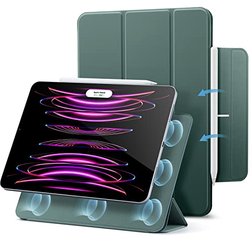 ESR für iPad Pro 12,9 Zoll Hülle 2022/2021/2020 (6./5./4. Generation), iPad Air 13 Zoll M3/M2 (2025/2024) Hülle, Starke Magnetbefestigung, Trifold Ständerhülle, Volle Pencil 2 Unterstützung,Waldgrün