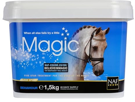 NAF Five Star Magic Pulver für Pferde 1.5kg – Magnesiumhaltiges Beruhigungsergänzungsfuttermittel mit Kräuterzusätzen – Unterstützt Konzentration, Verhalten & Gelassenheit