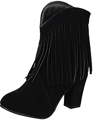 Stivaletti Donna con Tacco Bassi Boot Inverno Neve Stivali Donna Moda Frange Tinta Unita Stivaletti Tacco Alto Smerigliato Spesso (40,Nero)