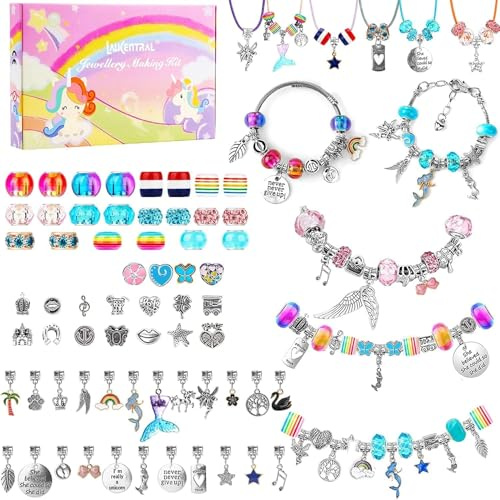 LauCentral 73 Pieces Charm Bracelet Making Kits, Jewelry Making Supplies Beads DIY Art Crafts Supplies Set with Snake Chain String for Christmas Gifts for Girls Teens Children Age 8-12