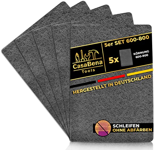 CasaBena® - 5er Set Schleifvlies für Holz, Metall, Lack & Edelstahl - MADE IN GERMANY - Schleifpapier & Schleifpads 5 Pads mit Körnungen [600-800] 150x210mm FEIN - Schleifwolle & Schmirgelpapier