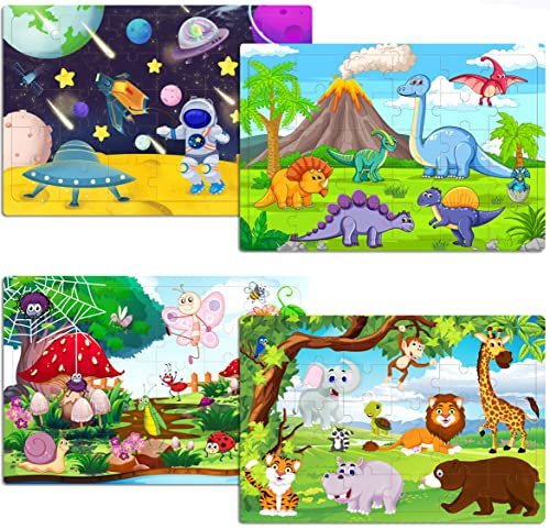 Wooden Jigsaw Puzzles for Kids 3-6 Year Olds -Space Dinosaur Animals 30 Piece Puzzle Toys -Toddler Children Learning Educational Puzzle Toys for Set for Kids 3 4 5 6 Year Old(4 Puzzles)