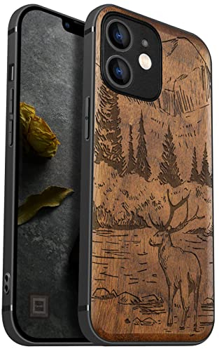 Carveit Handyhülle für iPhone 12 Mini Holz Cover kompatibel MagSafe mit Apple & QI drahtlosen magnetischen Ladegeräten Massivholz Kompatibel mit 12 Mini hulle(Nussbaum-Berge und Hirsche)