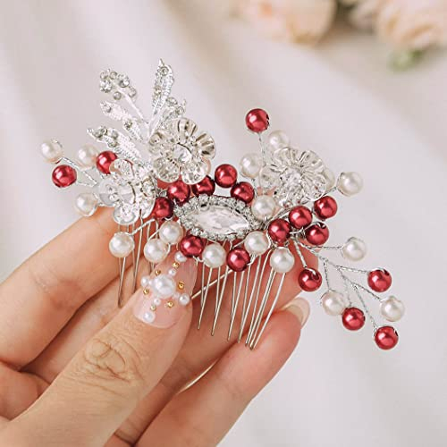 IYOU Haarschmuck mit Perlen, Brautschmuck, Hochzeit, Blume, Rot, Kopfschmuck, Blatt-Kristall, Haarschmuck für Damen