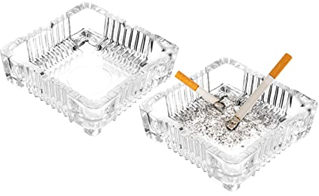 Square Cut Glass Ashtray Clear Set of 2 Cigarette Smoker Ash Tray Stackable Home Bar Pub
