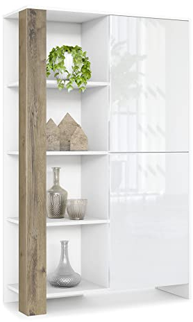 Vladon Highboard Canto, Made in Germany, hoher Schrank mit 2 Türen und 8 Fächern, Korpus Weiß matt, Fronten Weiß Hochglanz, Dekor-Paneele Eiche Ribbeck (95 x 151,5 x 36 cm)