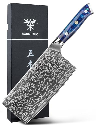 SANMUZUO Coltello da Chef Cinese Professionale - Coltello da Cucina 18 cm, Coltello da Chef Acciaio Damasco da 67 Strati- Impugnatura Ergonomica Resina - Xuan Series(Blu Zaffiro)