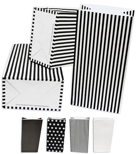 Frau WUNDERVoll® 60 Papiertüten mit Boden, schwarz matt weiße Streifen, 12x7x24cm / Blockbodenbeutel Tüte Papierbeutel Papiertüte Geschenktüte Geschenkbeutel Gastgeschenk Hochzeit Falttasche
