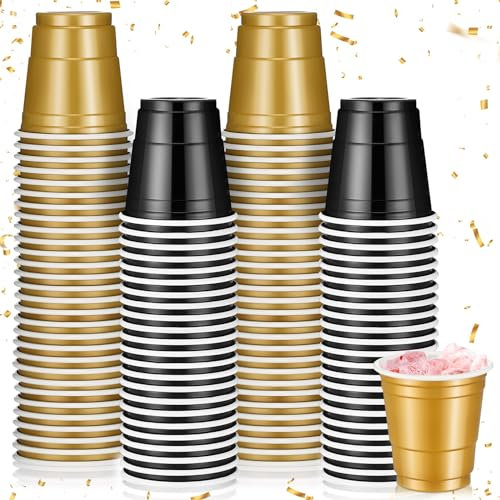Roshtia 100 Pack Christmas 2oz Plastic Shot Cups, Mini Disposable Shot Glasses 2oz Small Plastic Cups for Wedding, Graduation Party, Beer Taste Serving, Snacks(Black, Gold)