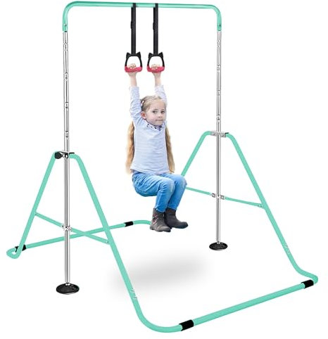 Folding Gymnastics Bar With Rings, Folding Horizontal Bar, Adjustable Height Folding Horizontal Bar, Gymnastics Equipment for Home Garden, Expandable Gymnastics Training Bar for Kids Girls (Green)