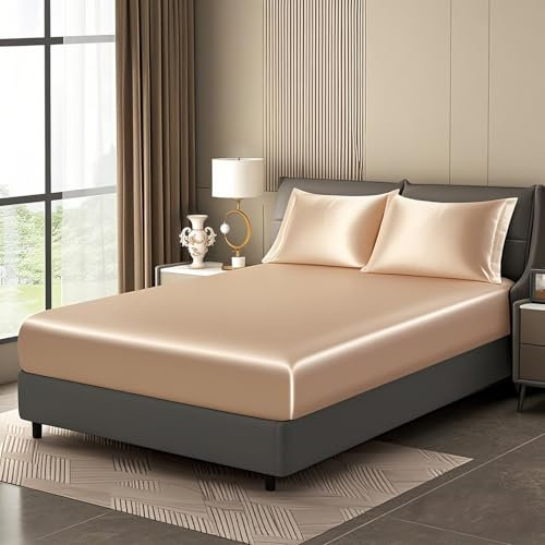 Luowei Satin Spannbettlaken Boxspringbett 160x200cm Sommer Bettlaken Khaki Seidig Seide Kühlend Microfaser Spannbetttuch 160x200 Weich Maschinenwaschbar für Hohe Matratze bis 25-30 cm