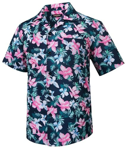 HISDERN Bleu Marine Chemise Hawaïenne Homme Manches Courtes Poche Avant Ete Chemise à Fleurs Homme Aloha Imprimé Plage Casual Chemise 3XL
