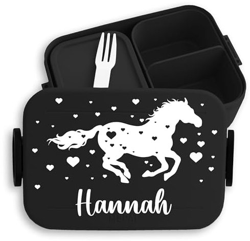 Kinder Bento Box Midi Lunchbox für Mepal Bentobox - Pferd Pferdemädchen Pferdemotiv Reiten Pferde - 900 ml - Schwarz - brotdose mädchen personalisierte brotdosen horse pferdefans brotzeitdose