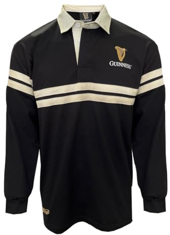 Traditional Craft Guinness Rugby Shirt for Men Ireland Long Sleeve Black Harp Tape, Black, Large