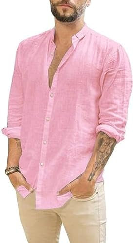 Runcati Camicia da uomo in lino, a maniche lunghe, estiva, da spiaggia, casual, vestibilità normale, per il tempo libero, Colore: rosa., XXL