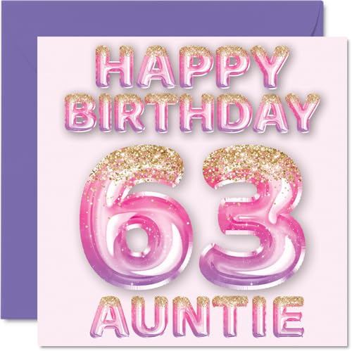 63rd Birthday Card for Auntie, Pink & Purple Glitter Balloons | Happy Birthday Cards for 63 Year Old Aunt Aunty from Nephew Niece, 145mm Bday Greeting Cards Gift
