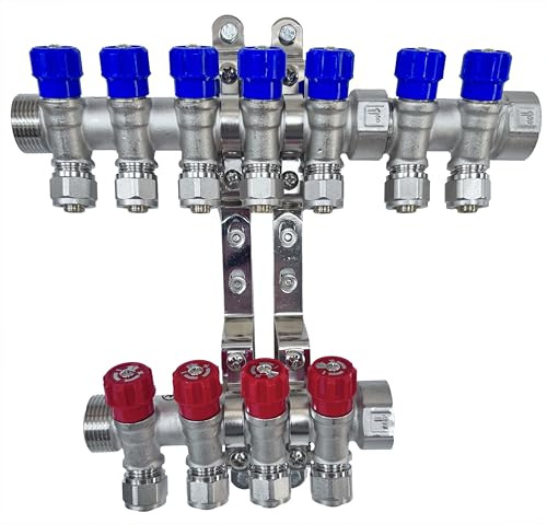 AQUA HEATING Wasserverteiler 1 Zoll PEX 16x2 mm 7-Wege Blau 4-Wege Rot | Warmwasser Kaltwasser Trinkwasser Heizung, Wasseranschluss Industrie, Messing vernickelt, bis 95°C 10 bar