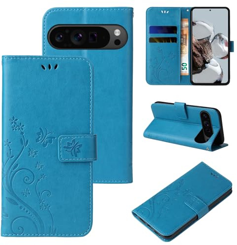 LBH Handy Hülle für Google Pixel 9 Pro XL Case Handytasche Schmetterling Blumen Flower Standfunktion Schutzhülle Magnet Rundum Schutz 360 Grad Flipcase Cover Blau