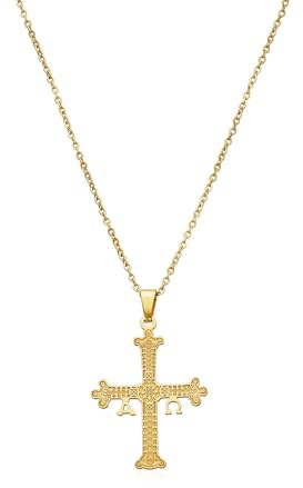 AVANCY Collar Cruz Asturias Acero 316 L. Chapado Oro 18 kilates. Cadena largo ajustable 45 hasta 50 cm.
