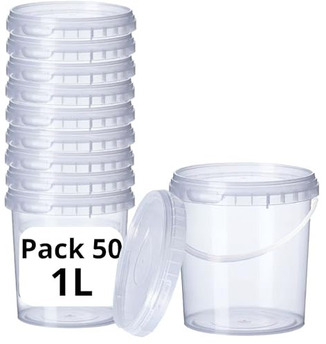 GROWMANIA Lot de 50 seaux en plastique transparent avec poignée 1 l – Boîte de rangement hermétique pour aliments, liquides et peinture – Bocal de stockage – Bocal résistant