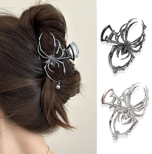 Yeomju 2 Stück Spinnen Haarklammer Metall, Legierungs Haar Krallenklammern, Silberne Spinnen Gothic Metall HaarKlammer für Punk & Y2K Stil Haaraccessoires Dekorationen