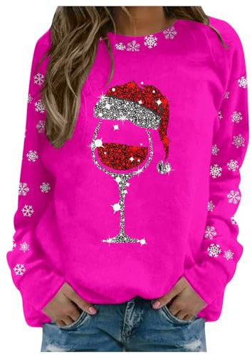 Felpa da donna con stampa Merry Christmas O Neck Round Neck Fit Pullover Top adatto a maniche lunghe camicie da allenamento camicetta allentata casual moda donna, Rosa Piccante #1, M